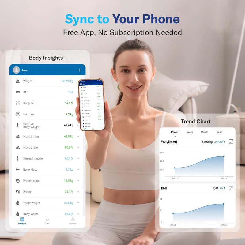 Smart 7-color Bluetooth body fat scale, one-click measurement of BMI and body fat